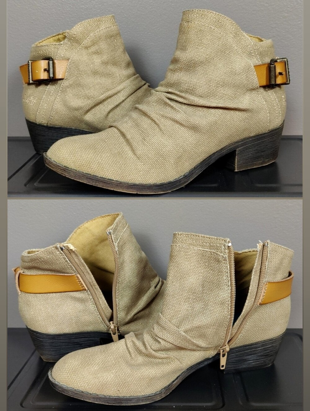 Blowfish Malibu Ankle Boots Stacked Block Heel Canvas Ankle Buckle Strap Zip